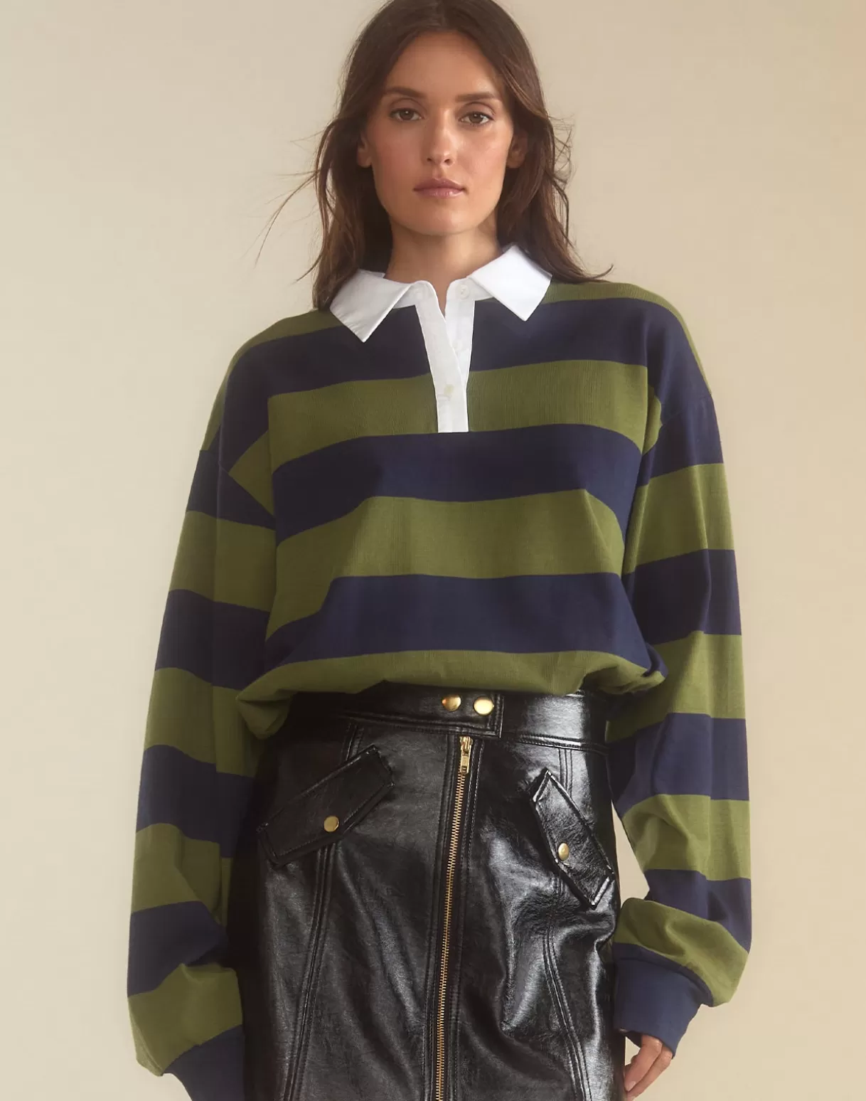 Tops-Cynthia Rowley Ardie Striped Rugby Shirt GRNVY