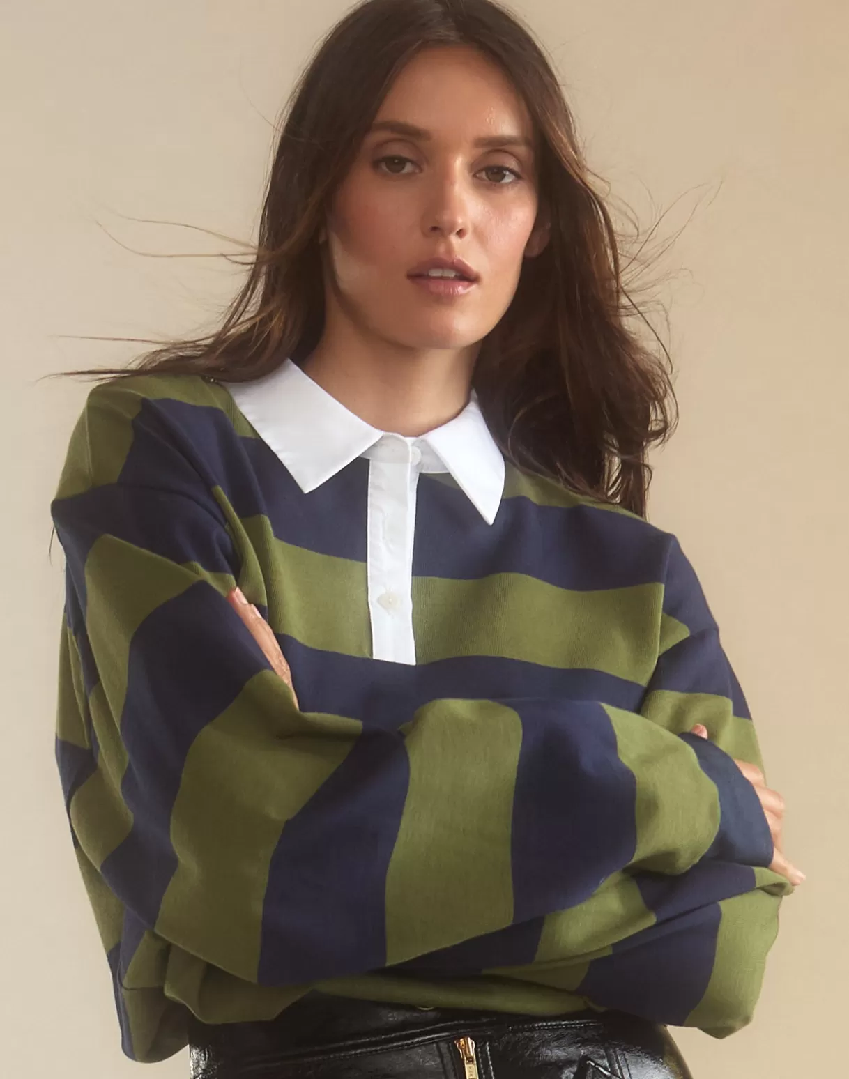 Tops-Cynthia Rowley Ardie Striped Rugby Shirt GRNVY