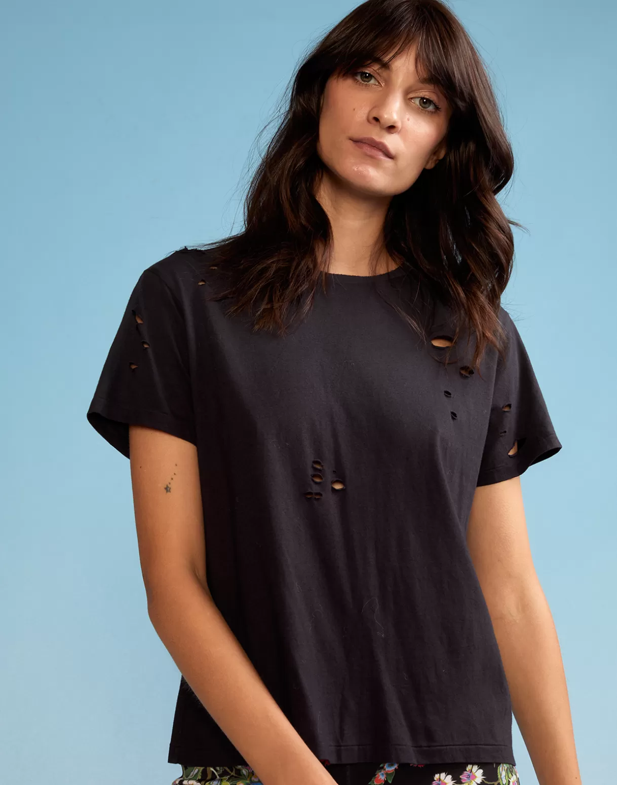 Tops-Cynthia Rowley Distressed Tee BLACK